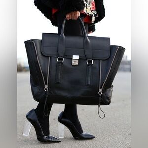 3.1 PHILLIP LIM 3.1 Pashli Black Textured Calfskin Large 2-Way Satchel